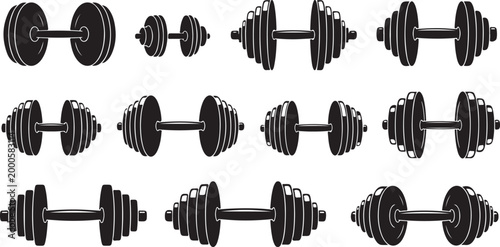Black vector illustration of various dumbbells