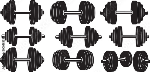 Collection of black dumbbell vector illustrations
