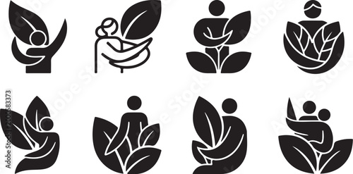 Diverse human figures interacting with plant leaf vector icons