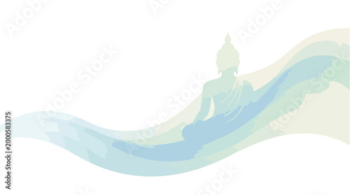 Meditating Buddha silhouette in ethereal flowing pastel waves.