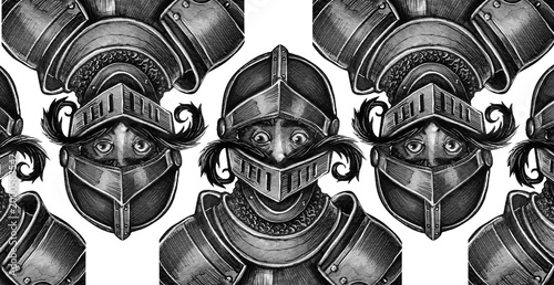 Foto Hand drawn medieval knight pattern, traditional black and white graphic illustra