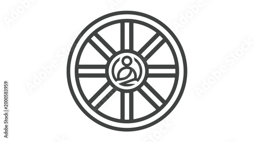 Dharmachakra Buddhist Wheel of Dharma Icon with Meditating Figure.