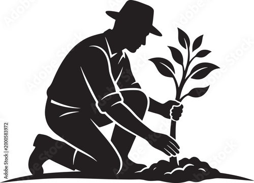 Vászonkép Gardener Planting Tree Silhouette SVG, Farmer Growth Vector, Arbor Day Clipart,