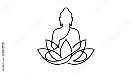 Minimalist continuous line art drawing of Buddha sitting in a lotus flower position.
