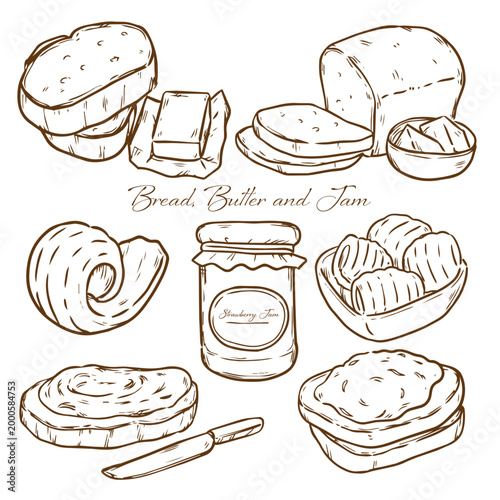 Set of hand drawn bread, butter and jam