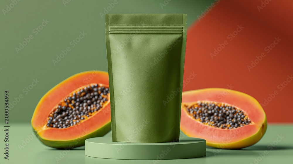 Fototapeta premium Green packaging pouch placed on a circular pedestal with halved papaya fruit showcasing seeds, against a colorful geometric background