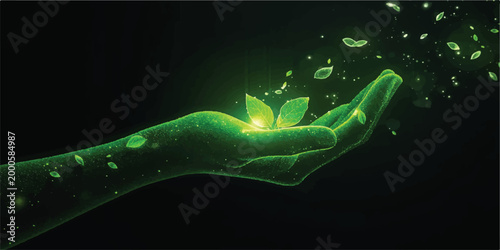 A glowing blue human hand reaching through dark smoke toward a light of energy and science-themed technology illustration