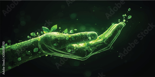A 3d science illustration of green bacteria under a microscope features a nanotechnology pattern of dna molecules moving through a water texture for a medicine concept