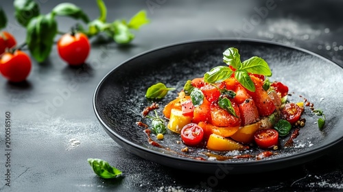 Fresh tomato salad with basil and herbs in gourmet plating