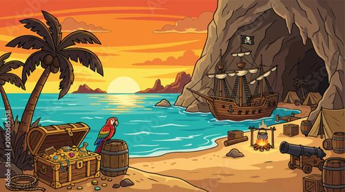 Obraz na płótnie Pirate island treasure cove vector illustration, tropical beach sunset with pira