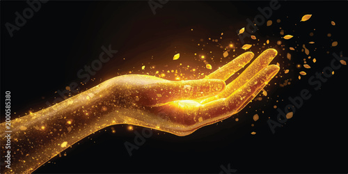 Abstract background illustration of glowing lines and particles with magic red fire sparks and orange energy light in black night space