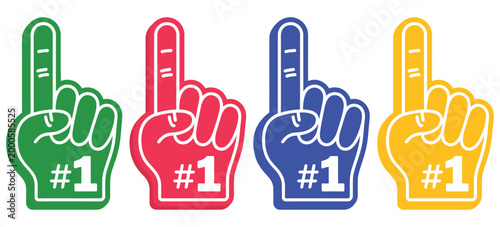 foam hand fan glove vector, number one finger hashtag one support sign, colorful sports cheering icons, team spirit symbols isolated on white background, dynamic fan gesture collection for stadium eve
