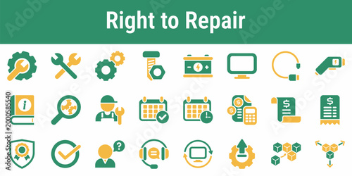 Commercial icon set for repair access spare parts manuals diagnostics and service rights Suitable for consumer apps workshop systems policy graphics and product service dashboards