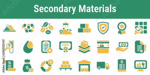 Commercial icon set for recycled feedstock quality grades material trading and supply chain transparency Suitable for industrial dashboards procurement tools recycling systems and material platforms