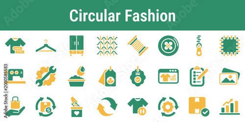 Focused icon set for textile repair resale rental sorting and material tracing Suitable for fashion apps sustainability dashboards textile systems and secondhand marketplaces