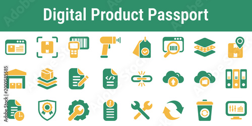 Focused icon set for traceability material data product identifiers and circular product records Suitable for compliance tools manufacturing apps supply chain systems and sustainability dashboards