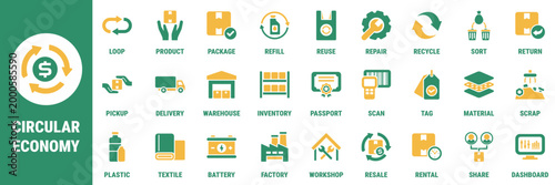 Commercial icon set for circular economy flows reuse repair recycling and material recovery Suitable for dashboards sustainability reports apps logistics interfaces and industrial platforms