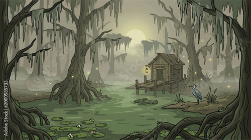 Schilderij op canvas Spooky swamp landscape with wooden shack, misty bayou forest with cypress trees