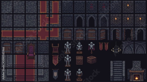Tableau sur toile Pixel art castle interior tileset, medieval dungeon game assets with stone walls