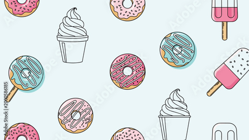 Sweet and colorful seamless pattern featuring various desserts including iced donuts, soft serve ice cream cones, and fruit popsicles.