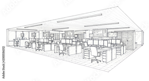 Modern Office Interior Design Sketch with Multiple Workstations and Computers.