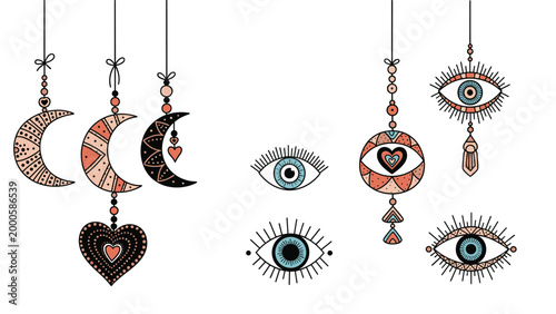 Enchanting set of mystical boho-style charms featuring crescent moons, decorative eyes, and hearts in a color palette of coral, blue, and black.