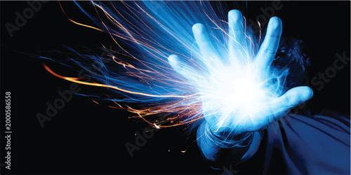 An abstract blue background features electric lightning rays and fractal energy waves, creating a fantasy plasma flame effect for a dark space art wallpaper design