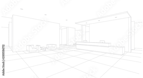 Modern Office Reception Area with Sleek Design and Seating.