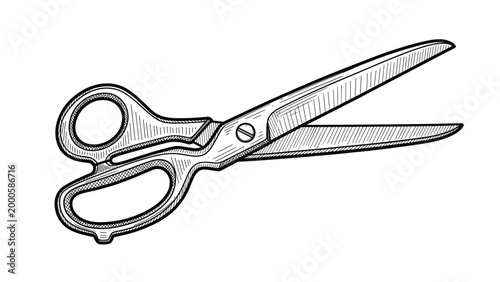 Detailed line art of a pair of professional scissors with textured handles and sharp blades for craft or sewing.