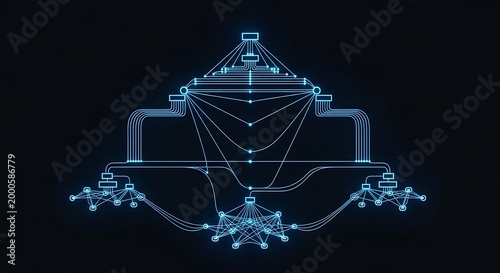 Blue glowing network nodes connected by lines on dark background