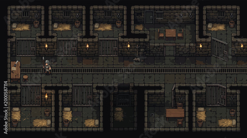 Schilderij op canvas Pixel art dungeon prison interior, top-down 2D game map with iron bars and stone