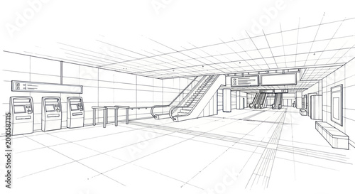 Modern subway station interior with escalators and ticket machines.