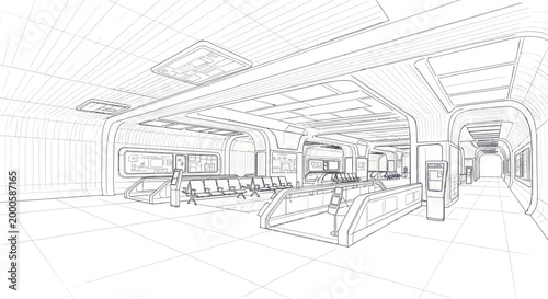 Modern Subway Station Interior with Escalators and Seating Area.