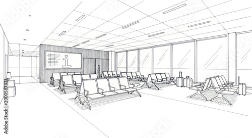 Modern Waiting Area with Rows of Seats and Large Windows.