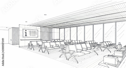 Modern Waiting Area Sketch with Rows of Chairs and Information Display.