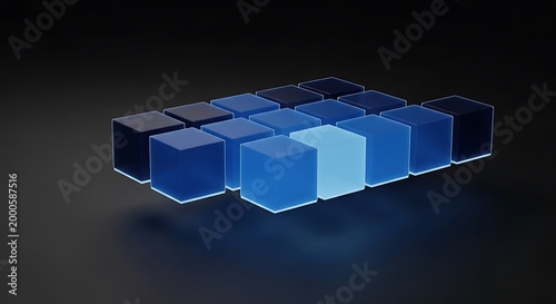 Blue translucent geometric cubes floating in dark space