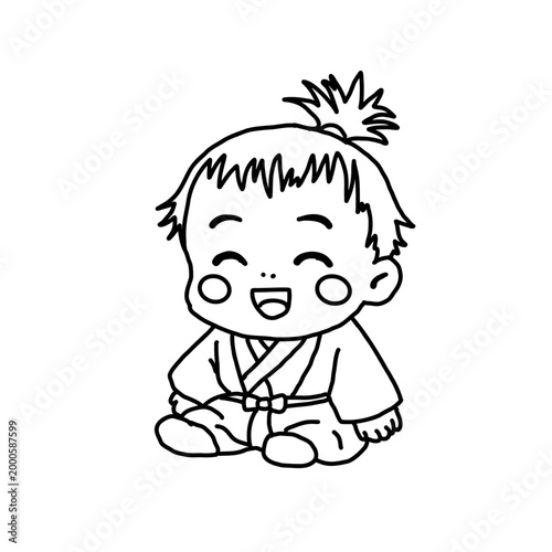 Cute baby samurai character illustration, line art for coloring, child in traditional 
