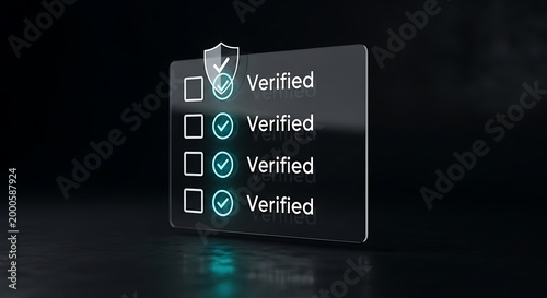 Four glowing blue checkmarks and verified text on a dark glass panel