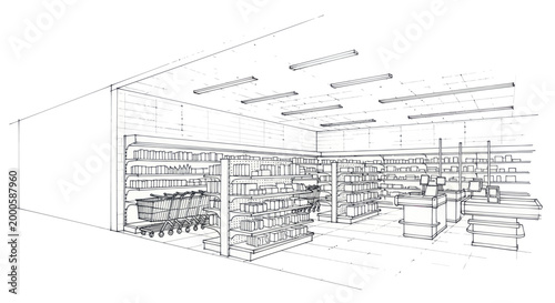 Sketch of a well-stocked grocery store aisle with shelves full of products.