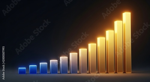 Glowing bar chart with ascending columns transitioning from blue to gold on dark background