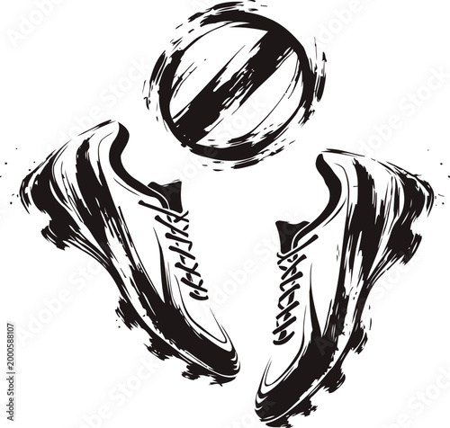 abstract soccer shoes kicking a soccer ball with dynamic brush stroke illustration