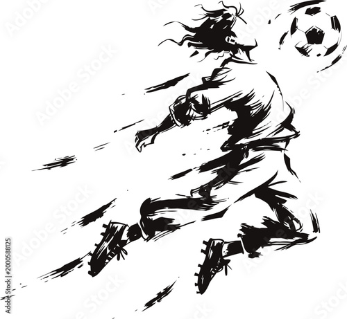 Dynamic black ink drawing of female soccer player kicking ball with intense motion and energy
