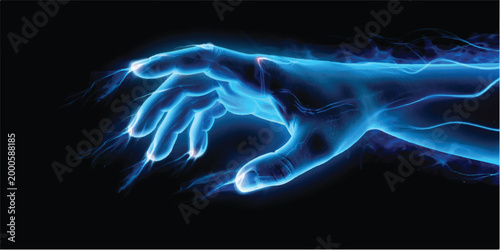 Seamless abstract blue background with glowing rays of electric energy and liquid motion illustration featuring a fractal plasma texture of light and power