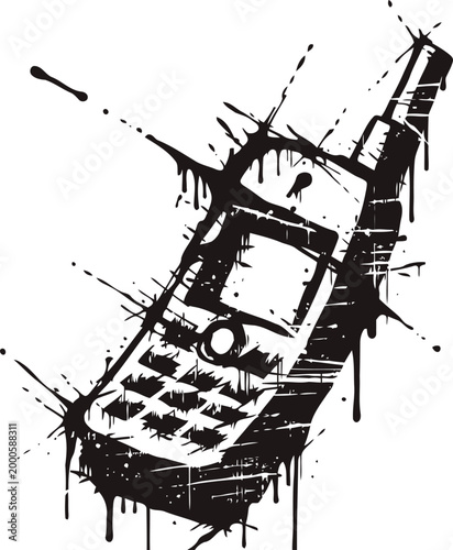 Old mobile phone grunge illustration with drip ink splatter and retro design elements