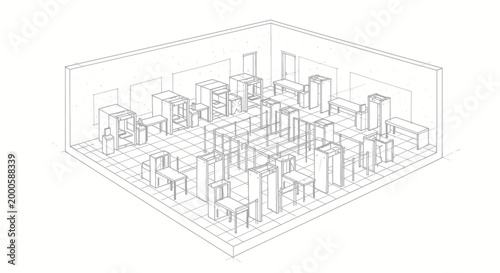 Wireframe 3D Model of a Cityscape with Buildings and Streets.