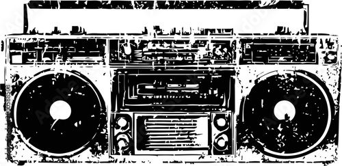 Vintage boombox with dual speakers and cassette player, retro music device illustration