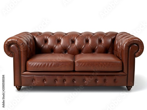 Brown leather Chesterfield sofa with tufted upholstery and rolled arms  classic furniture piece for living room interior design