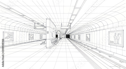 Wireframe blueprint of an empty subway station platform with tracks.