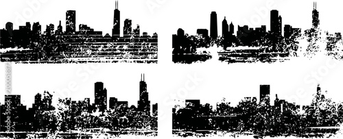 black city skyline silhouette set with tall buildings and urban architecture