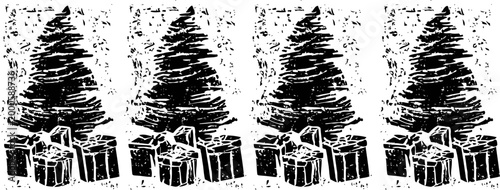 Black silhouette christmas trees with gift boxes in a row holiday decoration and festive celebration design